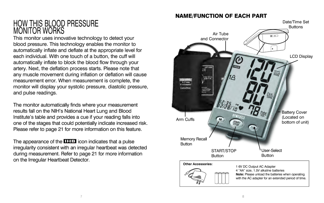 HoMedics BPA-201 manual HOW this Blood Pressure Monitor Works, NAME/FUNCTION of Each Part 