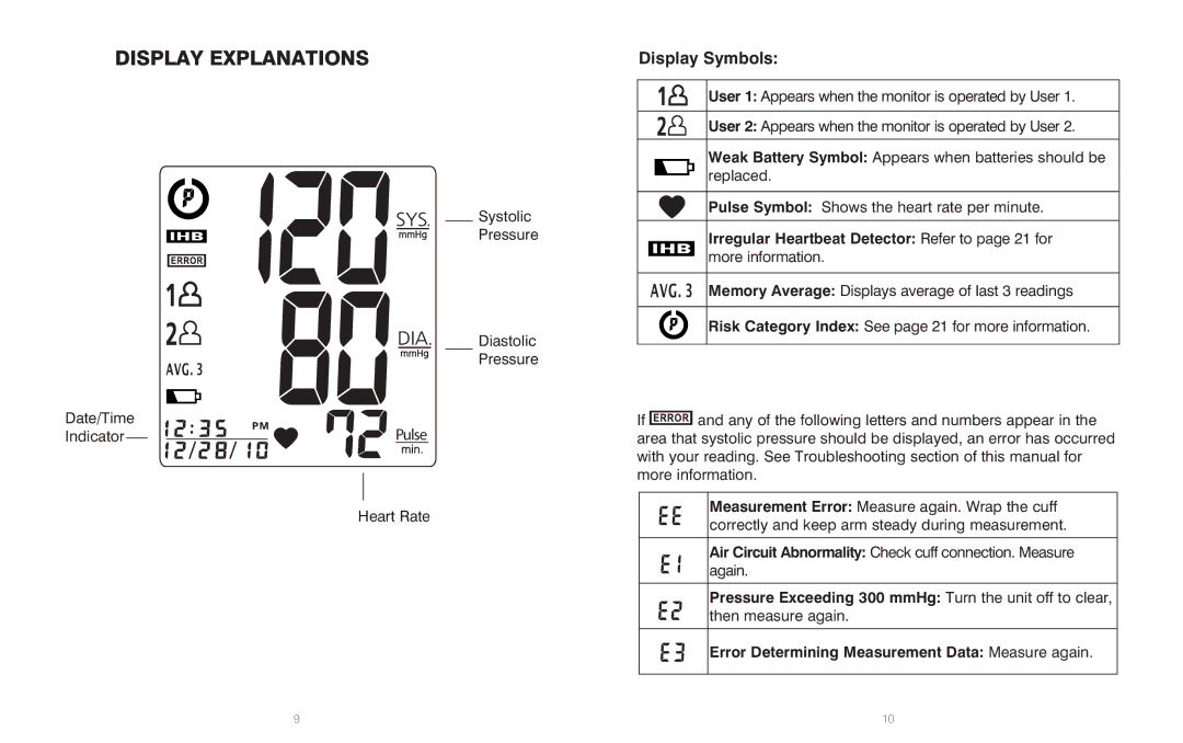 HoMedics BPA-201 manual Display Explanations, Display Symbols 