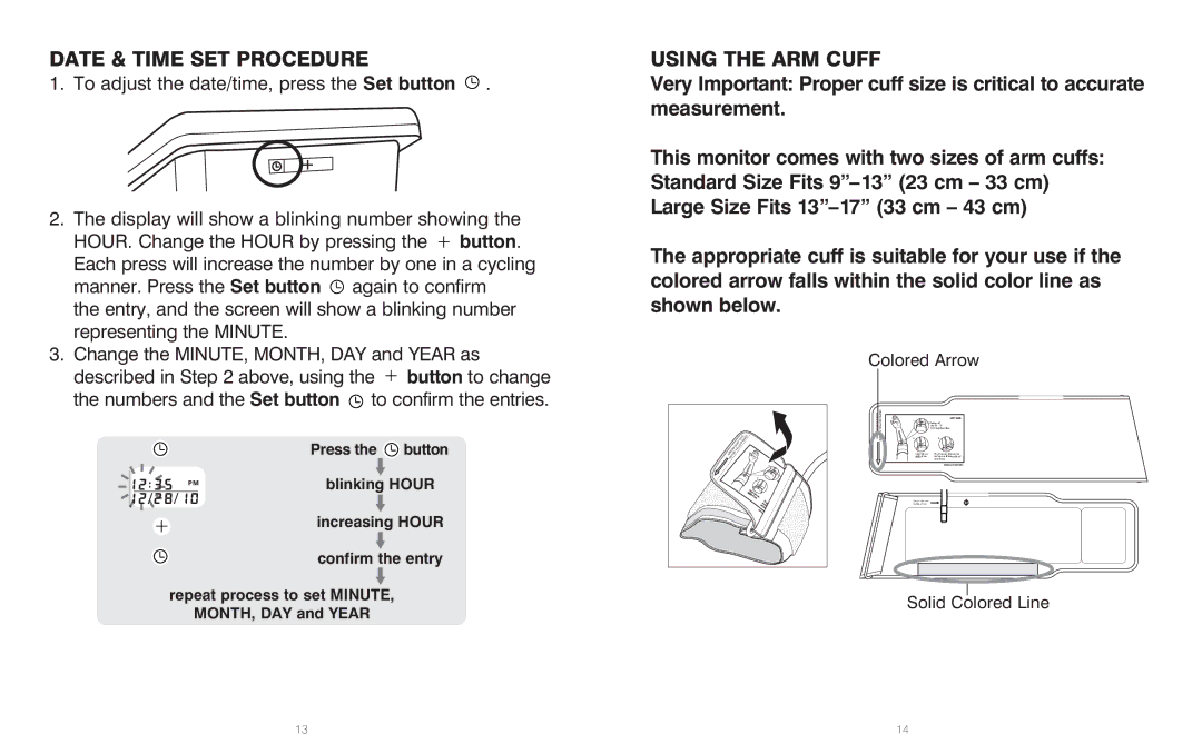 HoMedics BPA-201 manual Date & Time SET Procedure, Using the ARM Cuff 