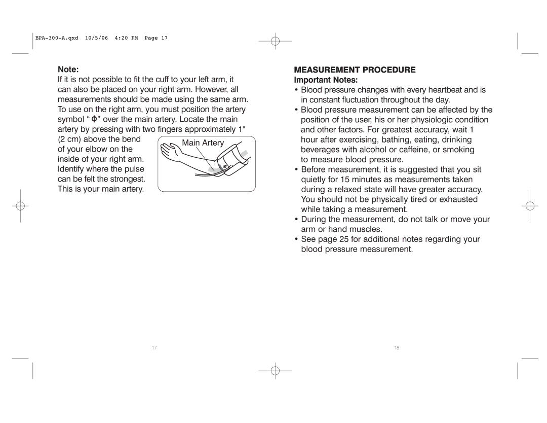 HoMedics BPA-300 warranty Measurement Procedure, Important Notes 