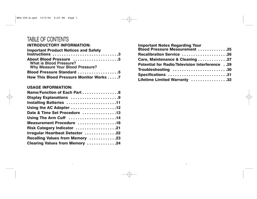 HoMedics BPA-300 warranty Table of Contents 