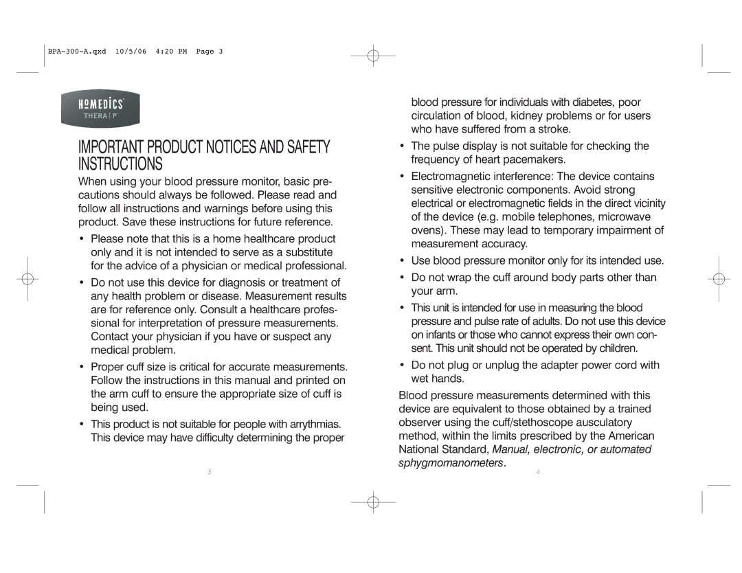 HoMedics BPA-300 warranty Important Product Notices and Safety Instructions 