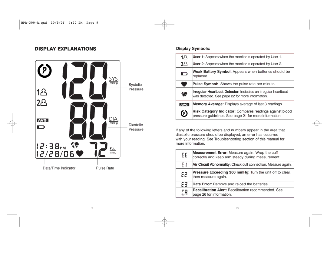 HoMedics BPA-300 warranty Display Explanations, Display Symbols 