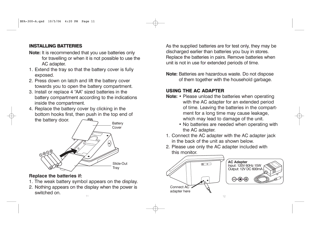 HoMedics BPA-300 warranty Installing Batteries, Using the AC Adapter 