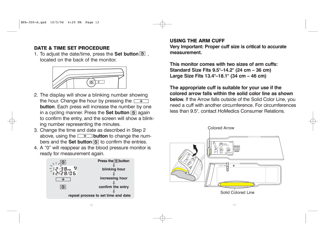 HoMedics BPA-300 warranty Date & Time SET Procedure, Using the ARM Cuff, Repeat process to set time and date 