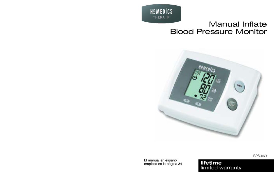 HoMedics BPS-060 warranty Manual Inflate Blood Pressure Monitor 