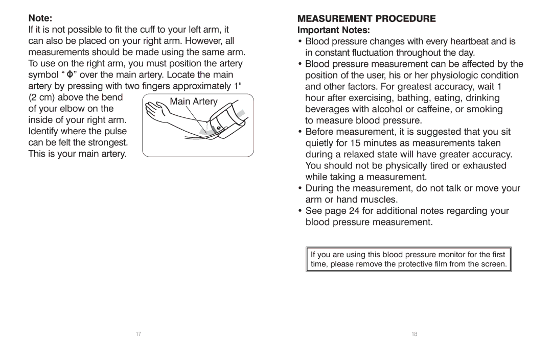 HoMedics BPS-060 warranty Measurement Procedure, Important Notes 