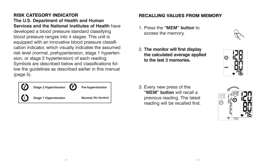 HoMedics BPS-060 warranty Risk Category Indicator, Recalling Values from Memory 