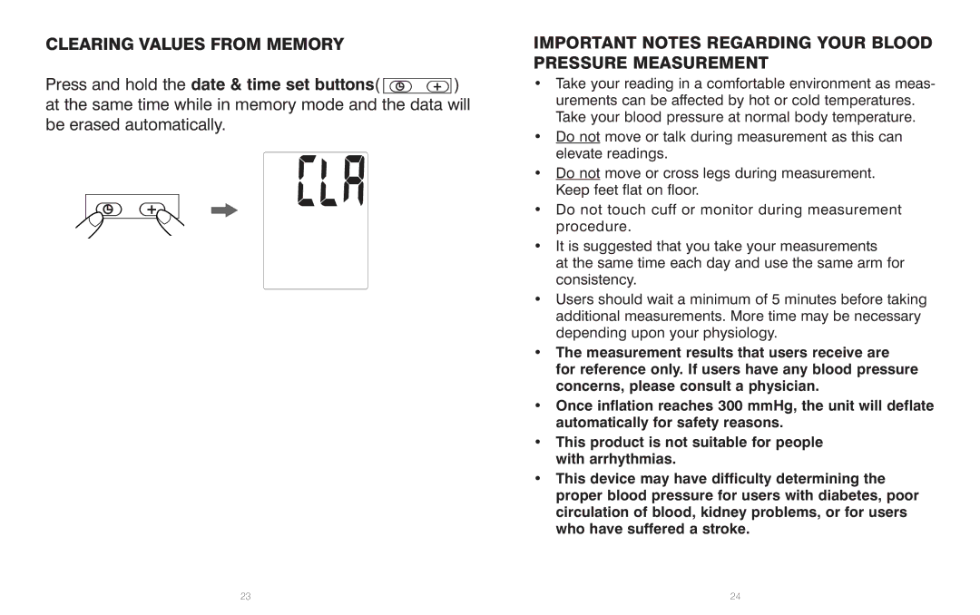 HoMedics BPS-060 warranty Clearing Values from Memory, Important Notes Regarding Your Blood Pressure Measurement 