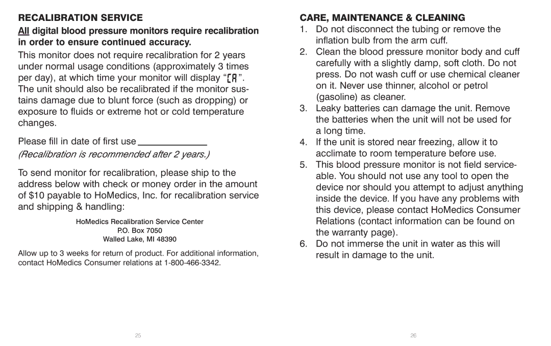 HoMedics BPS-060 warranty Recalibration Service, CARE, Maintenance & Cleaning 