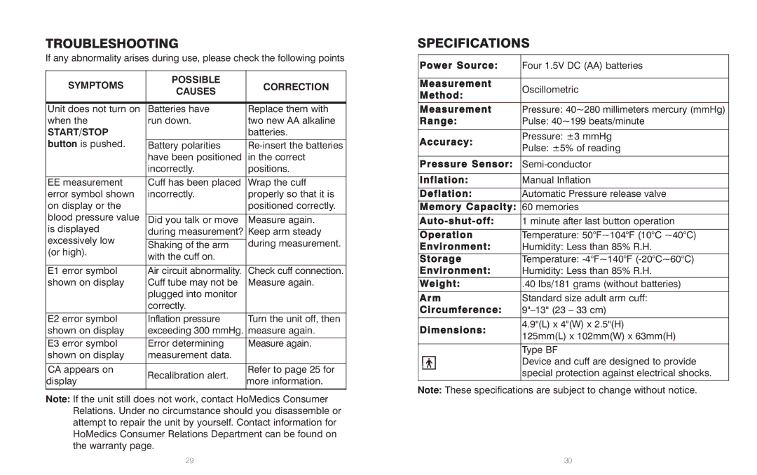 HoMedics BPS-060 warranty Troubleshooting, Specifications 