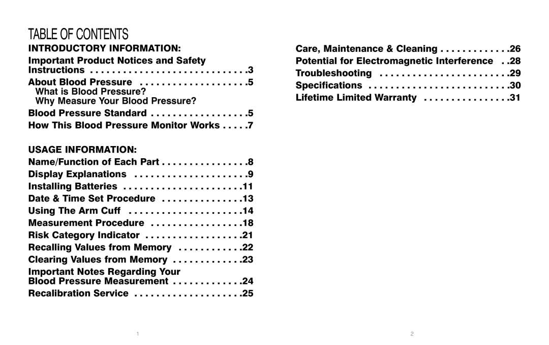 HoMedics BPS-060 warranty Table of Contents 