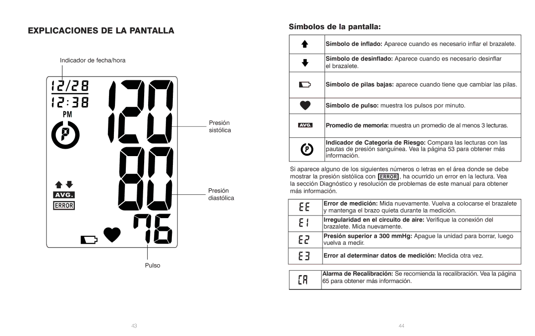 HoMedics BPS-060 warranty Explicaciones DE LA Pantalla, Símbolos de la pantalla 