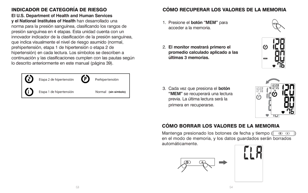 HoMedics BPS-060 warranty Indicador DE Categoría DE Riesgo, Cómo Recuperar LOS Valores DE LA Memoria 