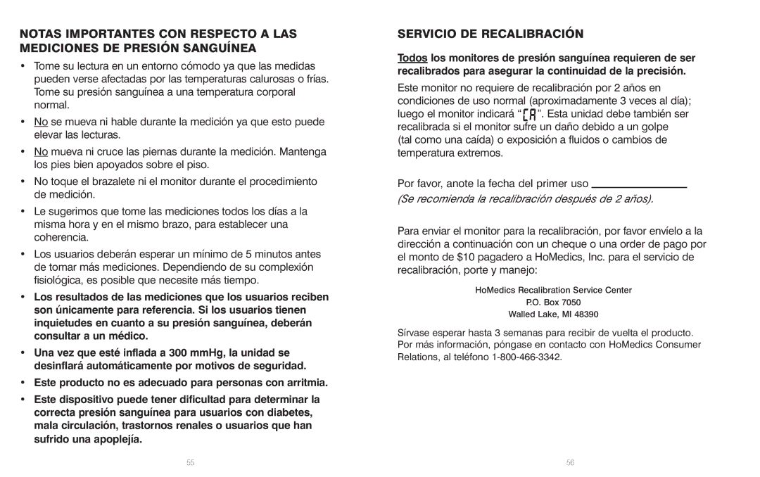 HoMedics BPS-060 warranty Servicio DE Recalibración, Se recomienda la recalibración después de 2 años 