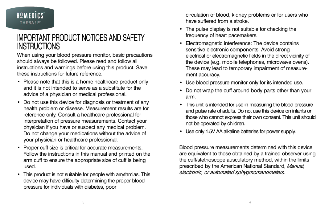 HoMedics BPS-060 warranty Important Product Notices and Safety Instructions 