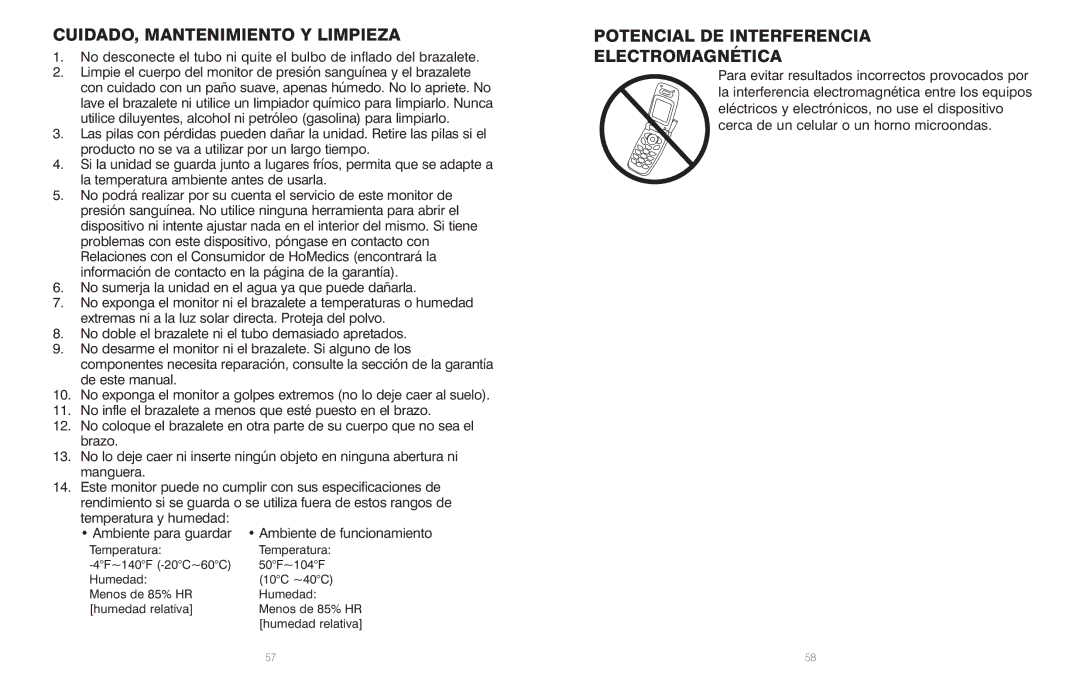 HoMedics BPS-060 warranty CUIDADO, Mantenimiento Y Limpieza, Potencial DE Interferencia Electromagnética 