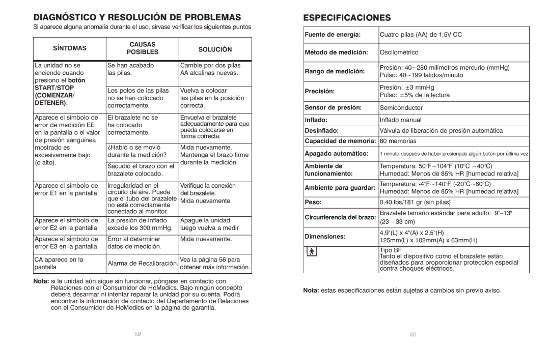 HoMedics BPS-060 warranty Diagnóstico Y Resolución DE Problemas, Especificaciones 