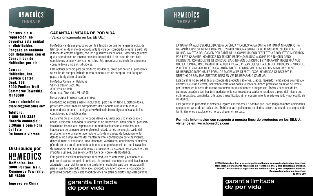 HoMedics BPS-060 warranty Distribuido por, Garantía Limitada DE POR Vida 