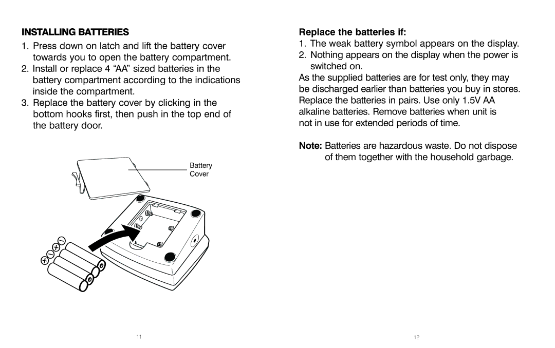 HoMedics BPS-060 warranty Installing Batteries, Replace the batteries if 