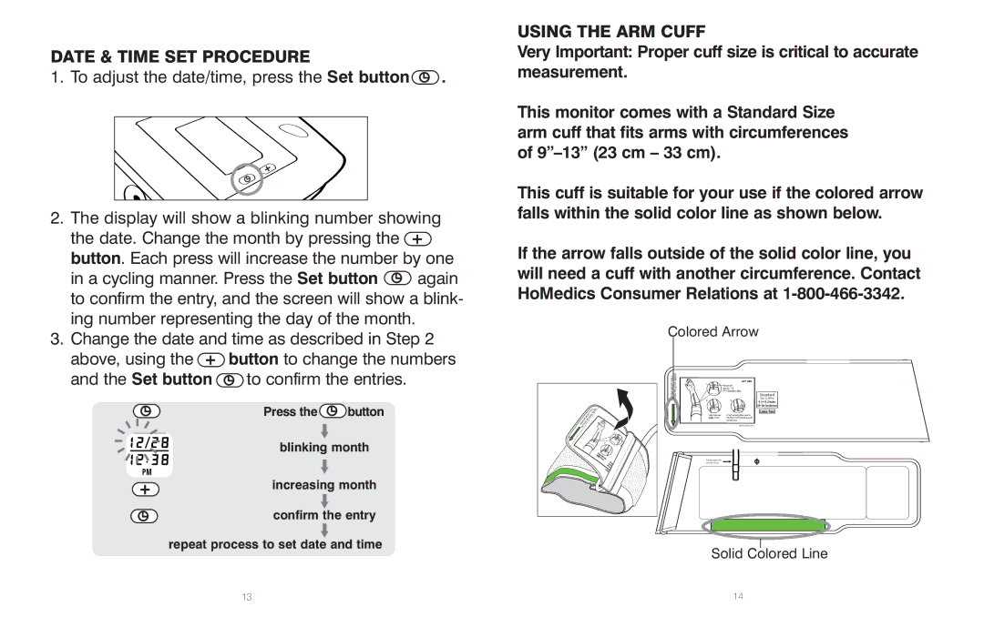 HoMedics BPS-060 warranty Date & Time SET Procedure, Using the ARM Cuff 