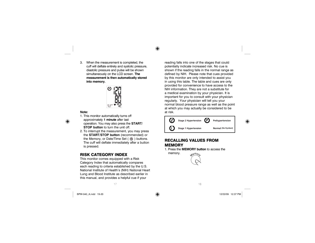 HoMedics BPW-040 manual Risk Category Index, Recalling Values from Memory 