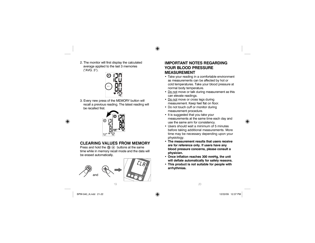 HoMedics BPW-040 manual Clearing Values from Memory, Important Notes Regarding Your Blood Pressure Measurement 