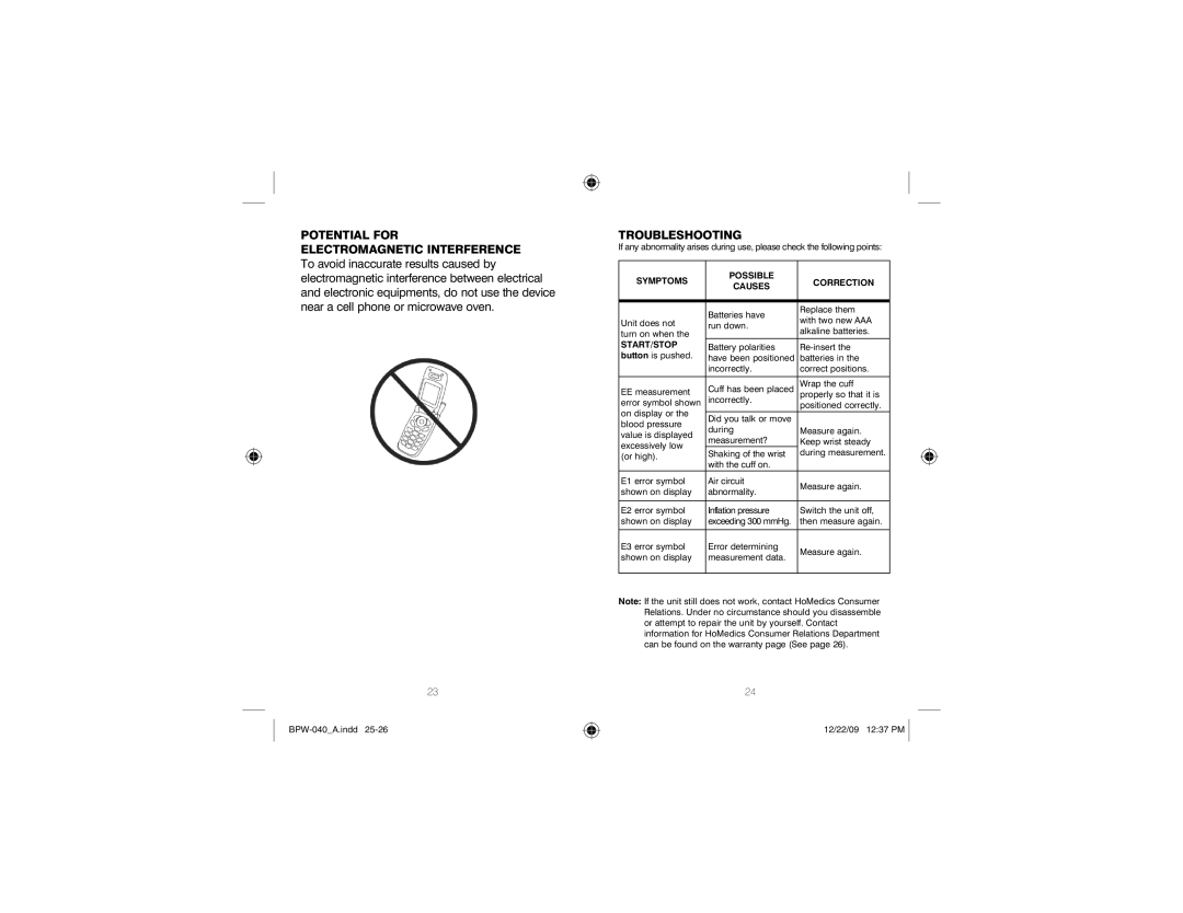 HoMedics BPW-040 manual Troubleshooting, Symptoms Possible Correction Causes 