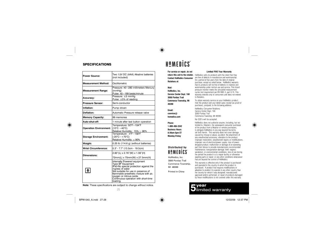 HoMedics BPW-040 manual Specifications, Auto-shut-off 