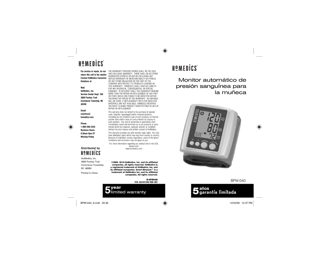 HoMedics BPW-040 manual Monitor automático de presión sanguÍnea para la muñeca 