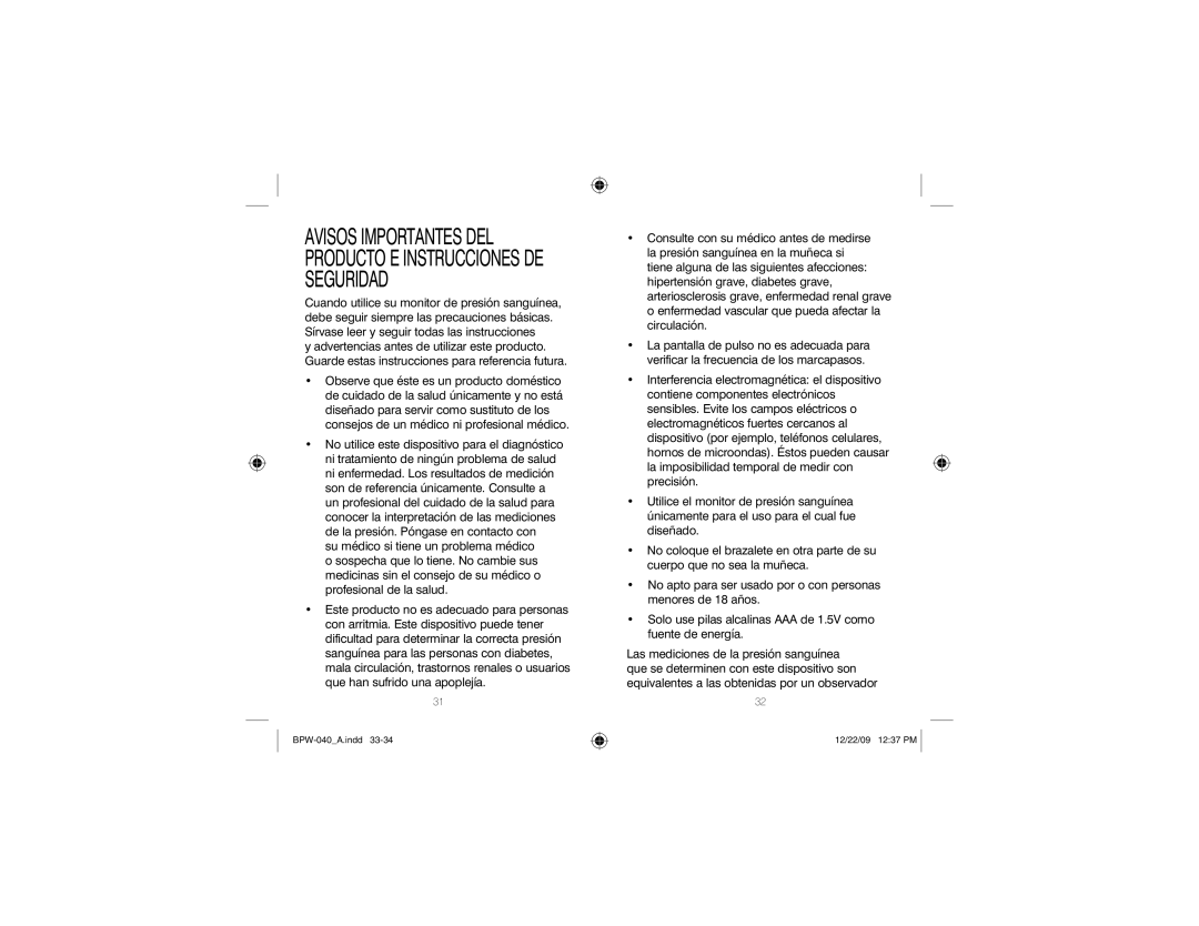 HoMedics BPW-040 manual Avisos Importantes DEL Producto E Instrucciones DE Seguridad 