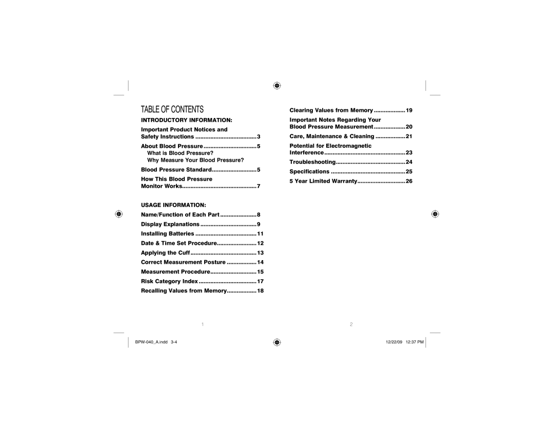 HoMedics BPW-040 manual Table of Contents 