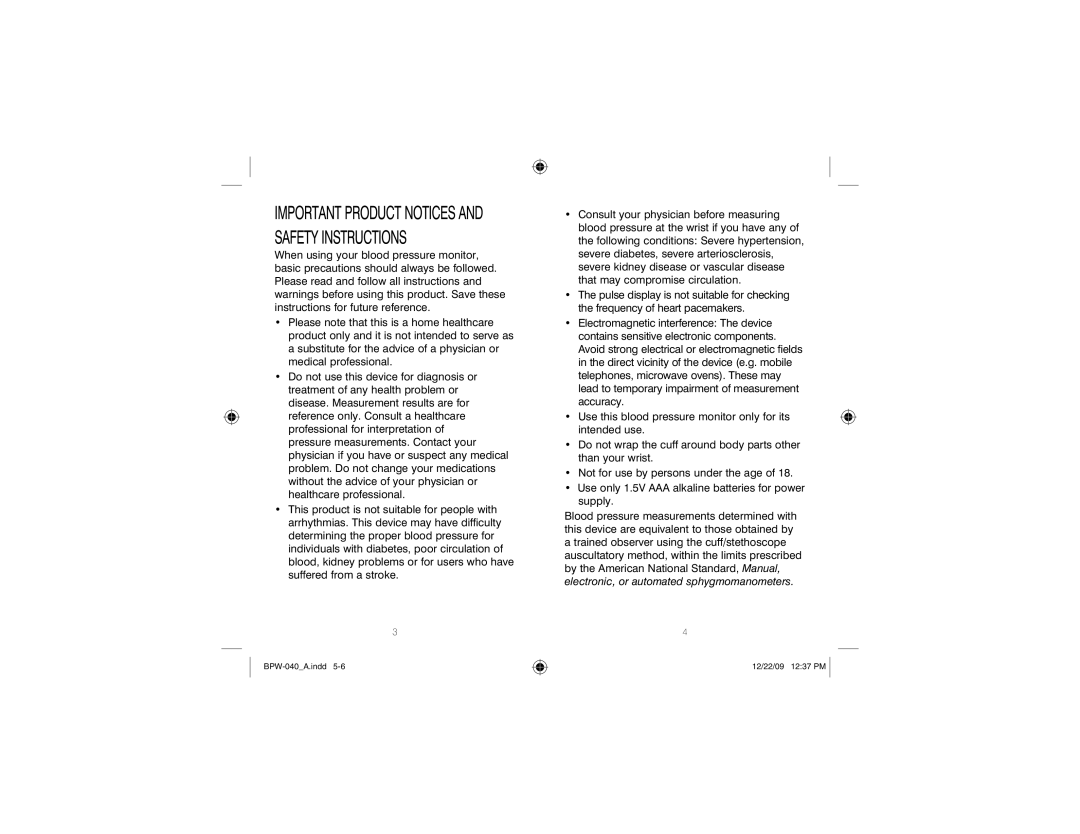 HoMedics BPW-040 manual Important Product Notices and Safety Instructions 