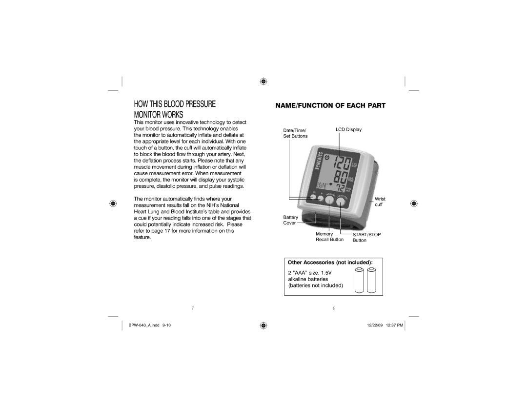 HoMedics BPW-040 manual NAME/FUNCTION of Each Part, Other Accessories not included 