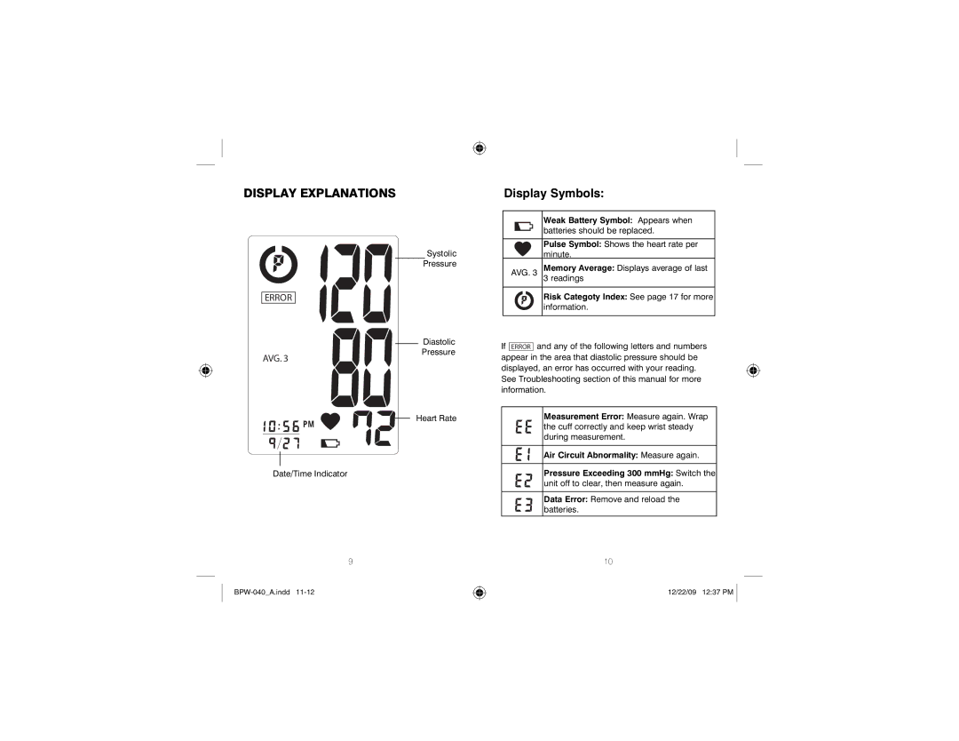 HoMedics BPW-040 manual Display Explanations, Display Symbols 