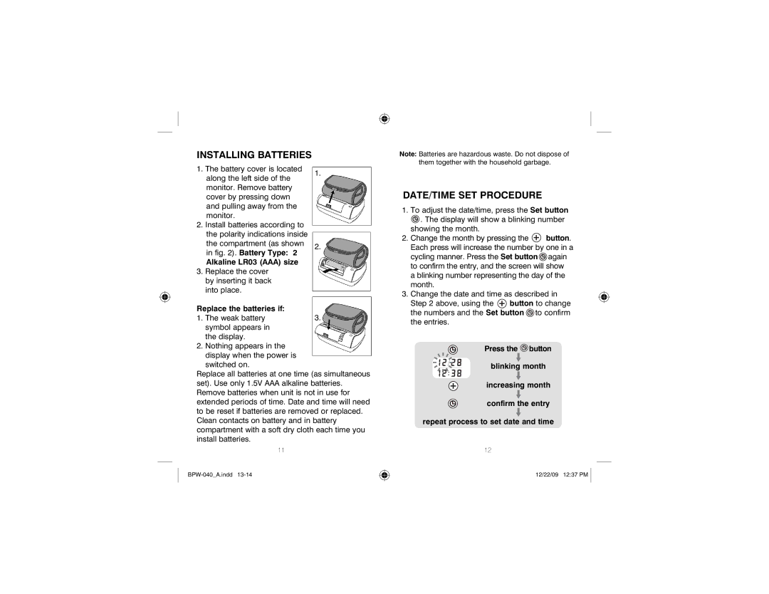 HoMedics BPW-040 manual Installing Batteries, DATE/TIME SET Procedure, Alkaline LR03 AAA size, Replace the batteries if 