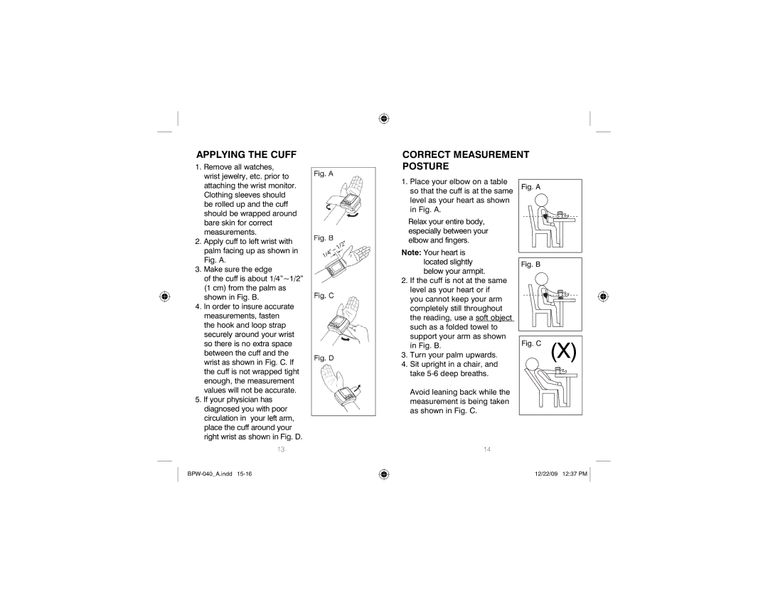 HoMedics BPW-040 manual Applying the Cuff, Correct Measurement Posture 