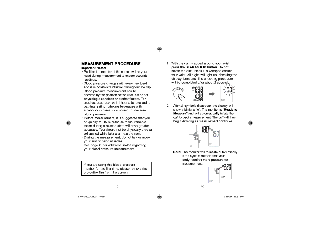 HoMedics BPW-040 manual Measurement Procedure, Important Notes 