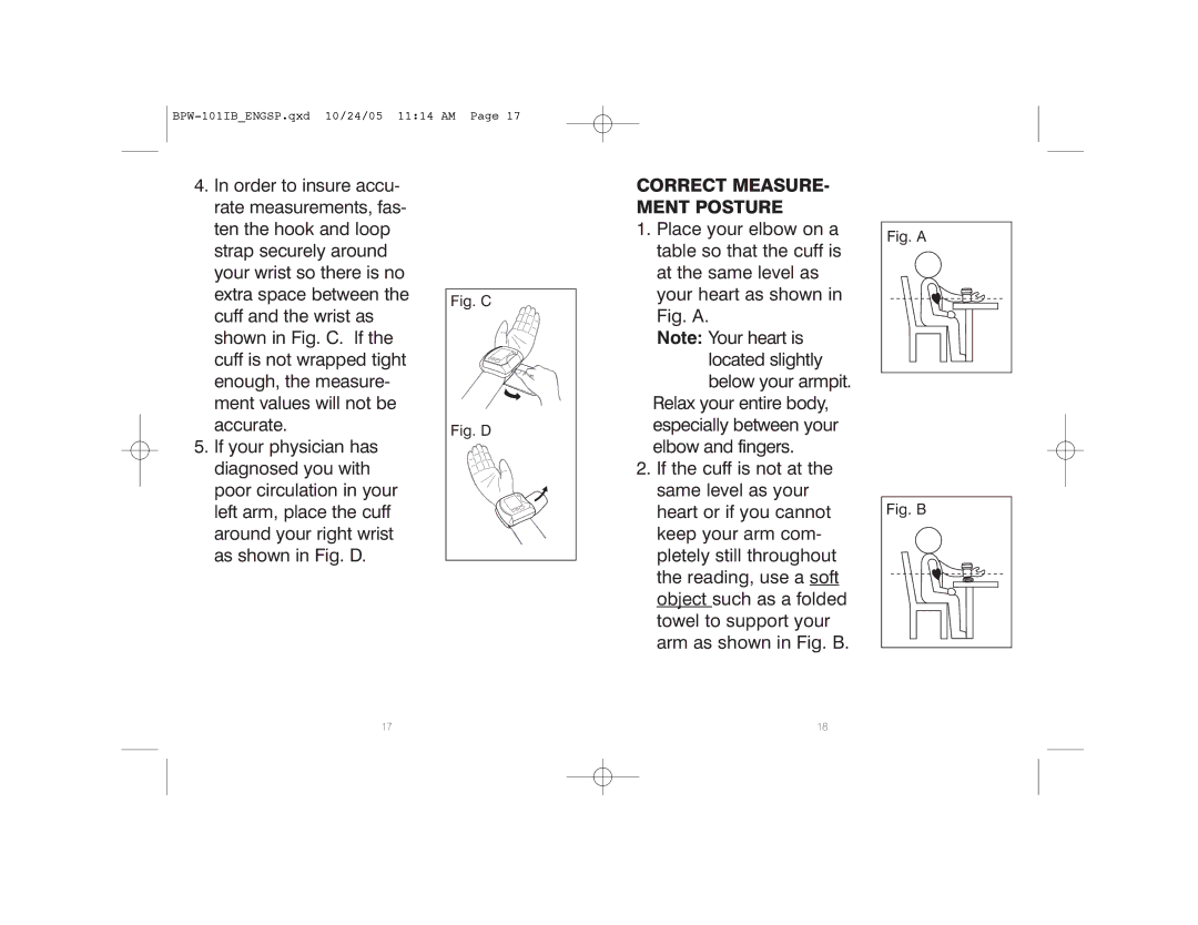 HoMedics BPW-101 manual Correct MEASURE- Ment Posture, Fig. C 