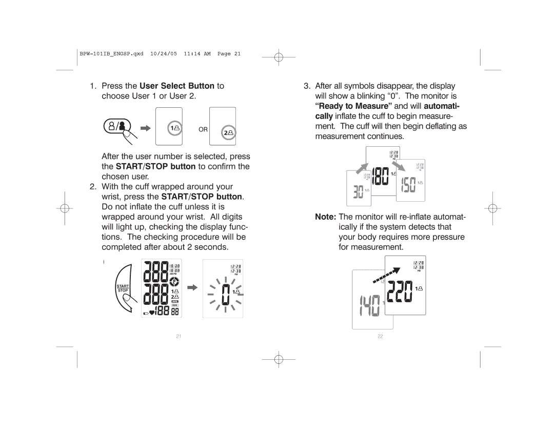 HoMedics BPW-101 manual Start Stop 