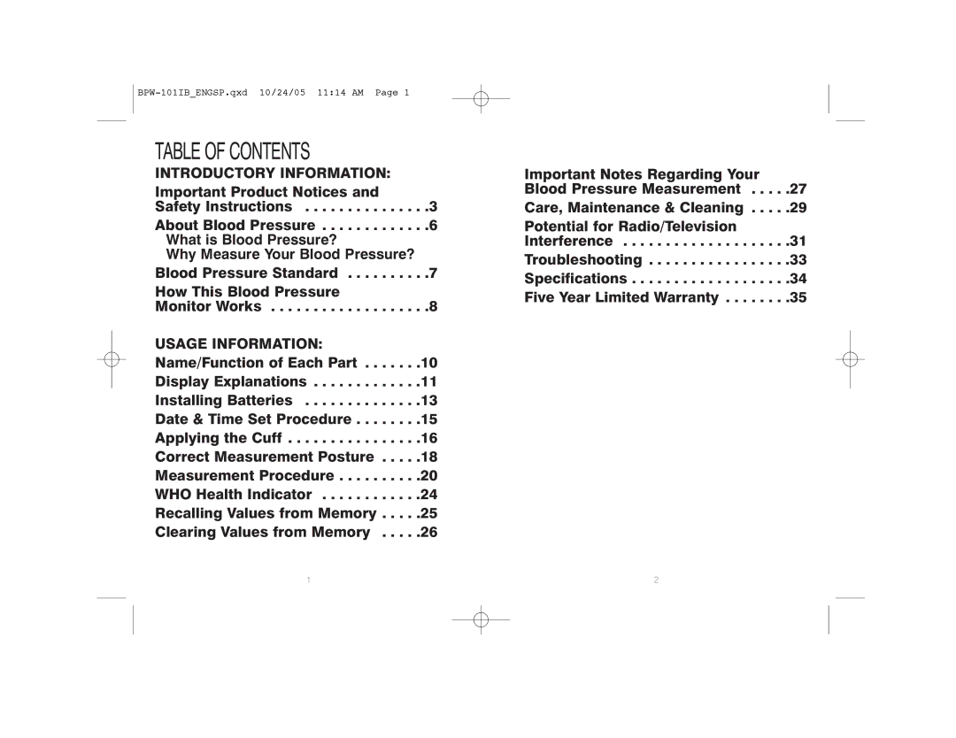 HoMedics BPW-101 manual Table of Contents 