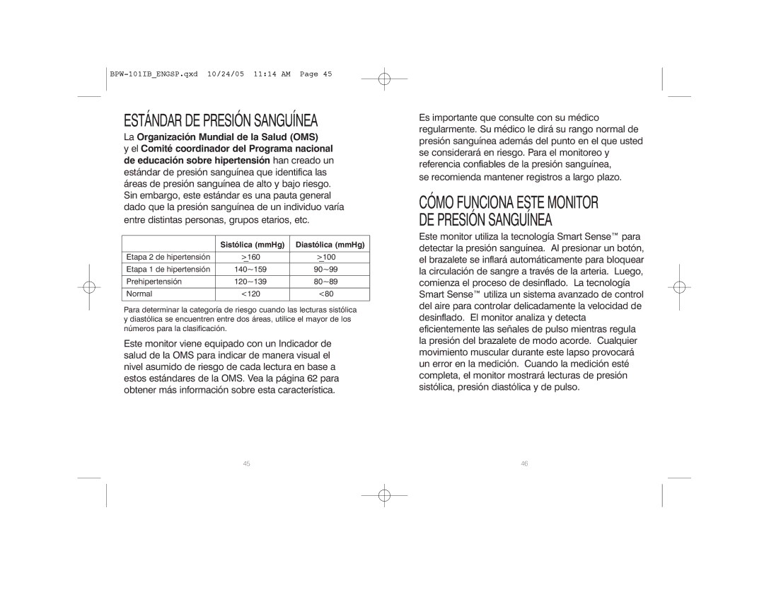 HoMedics BPW-101 manual Estándar DE Presión Sanguínea 