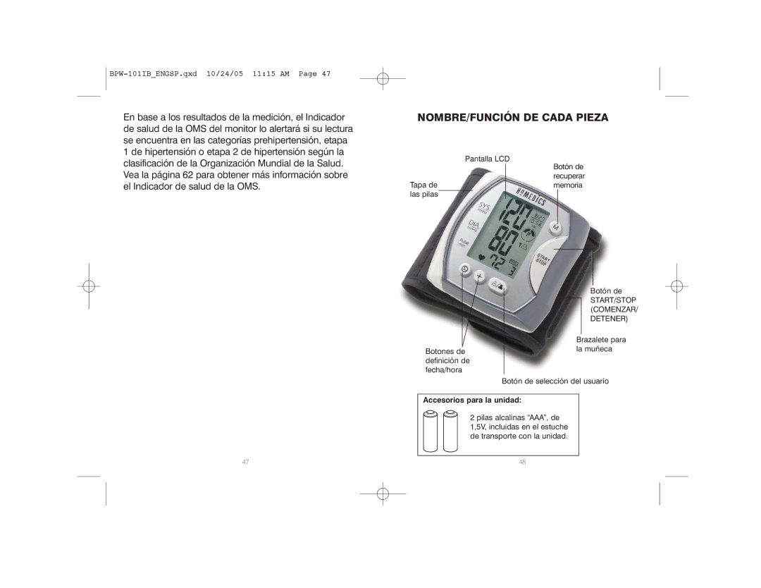 HoMedics BPW-101 manual NOMBRE/FUNCIÓN DE Cada Pieza, Accesorios para la unidad 