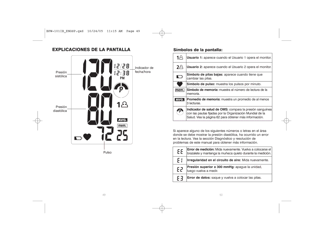 HoMedics BPW-101 manual Explicaciones DE LA Pantalla, Símbolos de la pantalla 