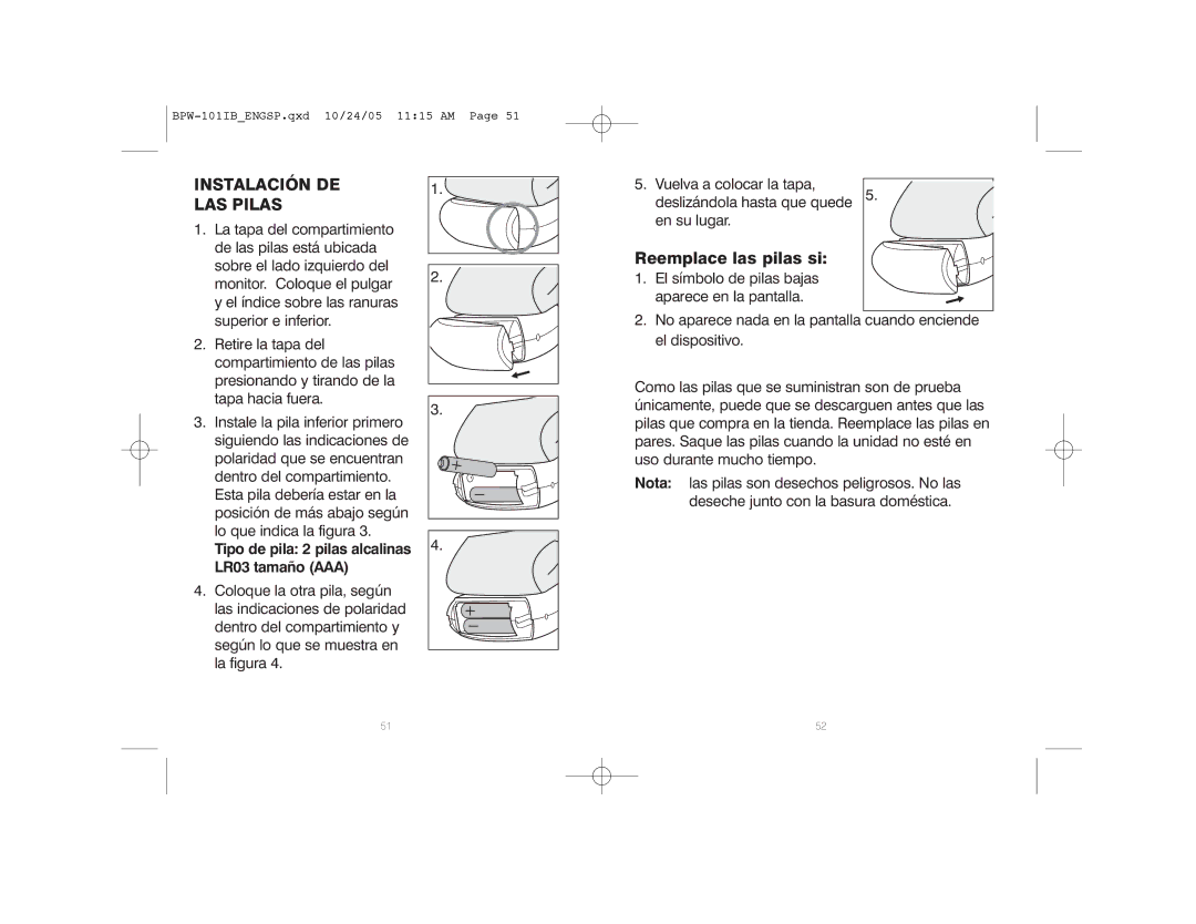 HoMedics BPW-101 manual Instalación DE LAS Pilas, Reemplace las pilas si 