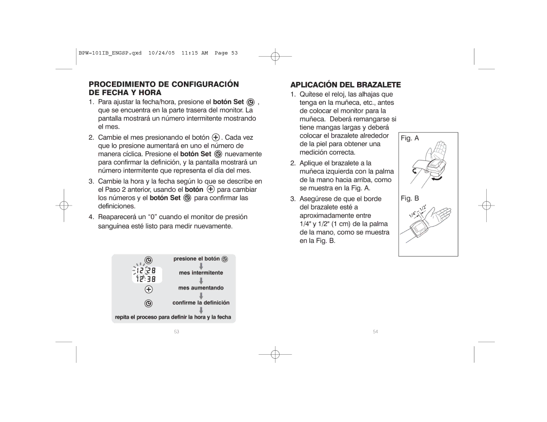 HoMedics BPW-101 manual Procedimiento DE Configuración DE Fecha Y Hora, Aplicación DEL Brazalete 