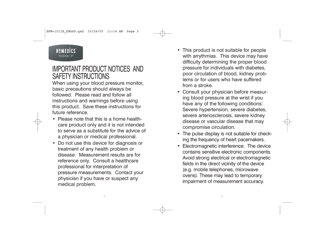 HoMedics BPW-101 manual Important Product Notices and Safety Instructions 