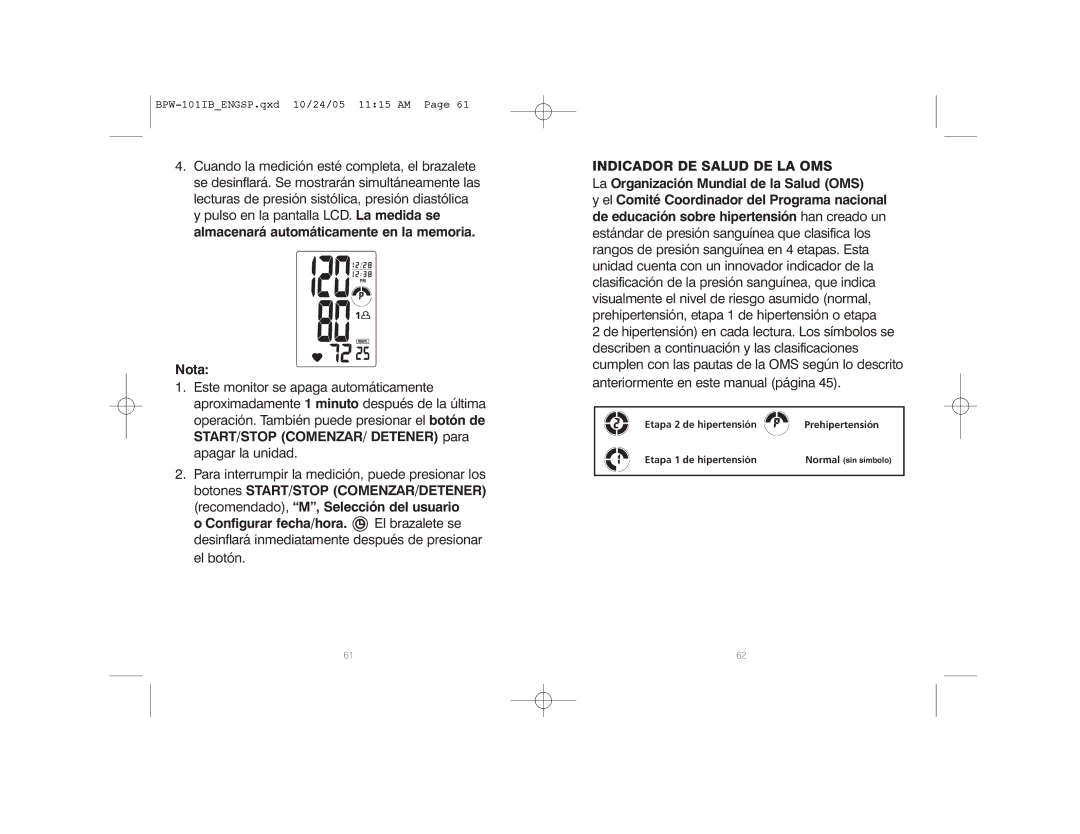 HoMedics BPW-101 manual Indicador DE Salud DE LA OMS 