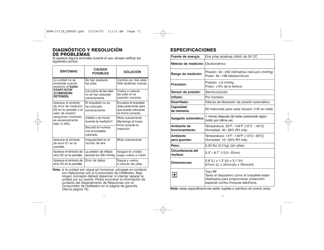 HoMedics BPW-101 manual Diagnóstico Y Resolución DE Problemas, Especificaciones 