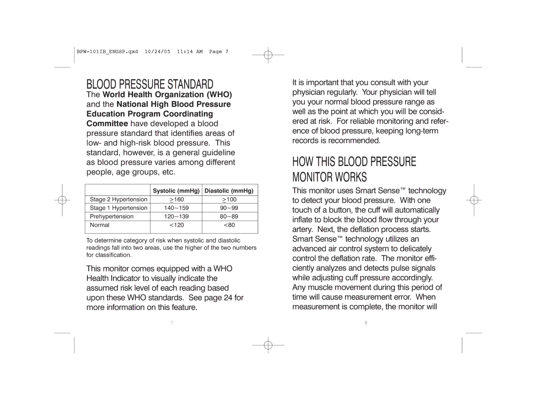 HoMedics BPW-101 manual Blood Pressure Standard 